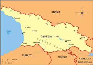 Georgia is southwest of Russia and on the northeastern border of Turkey.